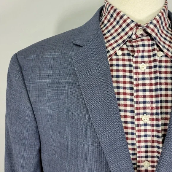 Egara Men's Sport Coat Blazer Two Button Navy Blue Plaid Wool Polyester Slim 50L